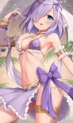 1girl bangle bare_shoulders bikini blue_eyes bracelet breasts choker cleavage cowboy_shot dancer gold_trim hair_over_one_eye highres jewelry long_hair looking_at_viewer medium_breasts miniskirt navel open_mouth original purple_bikini purple_hair purple_skirt sasaame side_slit skirt smile solo stomach string_bikini swimsuit thighlet thighs two-tone_bikini veil white_choker