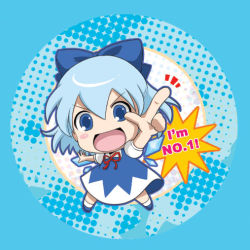 Rule 34 | !, &gt;:d, 1girl, :d, blue background, blue bow, blue dress, blue eyes, blue hair, blue theme, blush stickers, bow, chibi, cirno, dress, embodiment of scarlet devil, english text, female focus, full body, hair between eyes, hair bow, halftone, index finger raised, legs apart, looking at viewer, matching hair/eyes, momoki, neck ribbon, open mouth, outstretched arms, pointing, polka dot, polka dot background, red ribbon, ribbon, short hair, short sleeves, simple background, smile, solo, speech bubble, spread arms, touhou, v-shaped eyebrows, wings