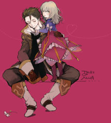 Rule 34 | 1boy, 1girl, alvin (tales), bad id, bad pixiv id, blonde hair, boots, bow, brown eyes, brown hair, child, copyright name, cropped jacket, dress, elize lutus, flower, frills, gloves, green eyes, hand on own hip, hands on another&#039;s cheeks, hands on another&#039;s face, heart, high heels, highres, jacket, lips, long sleeves, looking at viewer, nekosuke (oxo), pink background, purple dress, shoes, short hair, simple background, sitting, standing, tales of (series), tales of xillia, text focus, wrist cuffs