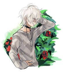 Rule 34 | 1boy, accelerator (toaru majutsu no index), albino, androgynous, ath1243, black choker, choker, collarbone, electrodes, flower, from side, grey shirt, hand in own hair, hand on own hip, long sleeves, looking down, official alternate costume, pale skin, red eyes, red flower, red rose, rose, rose bush, sanpaku, shirt, short hair, sketch, solo, striped clothes, striped shirt, toaru majutsu no index, upper body, white background, white hair