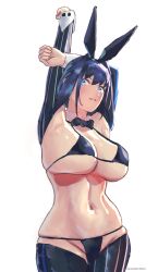Rule 34 | 1girl, absurdres, adapted costume, animal ear hairband, animal ears, armpits, arms behind head, arms up, artist name, bikini, black bikini, black bow, black bowtie, black hair, black hairband, black thighhighs, blue eyes, bow, bowtie, breasts, cowboy shot, cross-body stretch, curvy, detached collar, detached sleeves, erasorpepero, fake animal ears, groin, hair flaps, hair intakes, hairband, highres, hololive, hololive english, large breasts, looking at viewer, meme attire, micro bikini, narrow waist, navel, nontraditional playboy bunny, ouro kronii, ouro kronii (1st costume), pinstripe thighhighs, playboy bunny bikini, rabbit ears, reverse bunnysuit, reverse outfit, short hair, signature, skindentation, sleeve cuffs, solo, stomach, string bikini, striped clothes, striped thighhighs, swimsuit, thighhighs, underboob, vertical-striped clothes, vertical-striped thighhighs, virtual youtuber