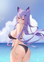 Rule 34 | 1girl, absurdres, animal ears, ass, bikini, black bikini, blue sky, breasts, cloud, commentary request, covered erect nipples, day, grin, hair between eyes, hair ornament, hairclip, highres, horizon, large breasts, looking at viewer, ocean, original, outdoors, purple eyes, side-tie bikini bottom, sideboob, sky, smile, solo, standing, swimsuit, yingchuishiting