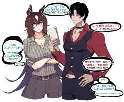 Rule 34 | 1boy, 1girl, animal ears, belt, black choker, black pants, black vest, breasts, brown belt, brown hair, cero rains, choker, cigarette, cleavage, clipboard, collared shirt, commentary request, crossed arms, english text, grey pants, hair between eyes, hand on own hip, highres, holding, holding clipboard, horse ears, horse girl, horse tail, large breasts, long hair, multicolored hair, pants, red eyes, red shirt, shirt, simple background, sirius symboli (umamusume), smoking, speech bubble, streaked hair, tail, trainer (umamusume), umamusume, very long hair, vest, white background, white belt, white hair