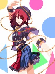 Rule 34 | 1girl, bracelet, chain, clothes writing, collar, hat, hecatia lapislazuli, hemogurobin a1c, jewelry, looking at viewer, multicolored clothes, multicolored skirt, open mouth, red eyes, red hair, shirt, simple background, skirt, smile, solo, touhou