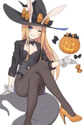 Rule 34 | 1girl, abigail williams (fate), absurdres, animal ears, arm support, black bow, black hat, black jacket, black leotard, black pantyhose, black vest, blonde hair, blush, bow, brown bow, commentary request, cropped jacket, crossed legs, eyes visible through hair, fake animal ears, fate/grand order, fate (series), gloves, grin, hat, hat bow, high heels, highres, jack-o&#039;-lantern, jacket, kopaka (karda nui), leotard, long hair, long sleeves, looking at viewer, one eye closed, open clothes, open jacket, orange footwear, pantyhose, parted bangs, polka dot, polka dot bow, rabbit ears, shoes, simple background, sitting, smile, solo, tentacles, very long hair, vest, white background, white gloves, witch hat