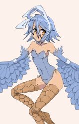 Rule 34 | 1girl, ahoge, animal ears, bare shoulders, beige background, bird legs, blue feathers, blue hair, blue leotard, blue wings, breasts, commentary, covered navel, donquiyume, english commentary, fake animal ears, feathered wings, feathers, hair between eyes, harpy, headband, highres, leotard, monster girl, monster musume no iru nichijou, navel, papi (monster musume), rabbit ears, shadow, short hair, simple background, small breasts, smile, solo, talons, winged arms, wings, wrist cuffs, yellow eyes