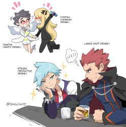 Rule 34 | 2boys, 2girls, alcohol, bar (place), black cape, cape, character name, chibi, clenched hand, closed mouth, collared shirt, commentary, creatures (company), cynthia (pokemon), diantha (pokemon), drunk, english text, game freak, goro orb, highres, holding, jacket, jewelry, lance (pokemon), long sleeves, multiple boys, multiple girls, nintendo, notice lines, off shoulder, pokemon, pokemon dppt, pokemon hgss, pokemon oras, pokemon xy, purple vest, red hair, ring, shirt, short hair, smile, sparkle, spiked hair, steven stone, sweat, thought bubble, twitter username, vest, watermark, whiskey, white background, white shirt, yaoi, yuri