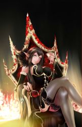 Rule 34 | 1girl, absurdres, bare shoulders, breasts, brown hair, dress, elbow gloves, covered erect nipples, fate/apocrypha, fate (series), fire, fur, gloves, highres, large breasts, crossed legs, long hair, looking at viewer, nail polish, panties, pointy ears, semiramis (fate), sitting, smile, solo, thighhighs, underwear, very long hair, yellow eyes