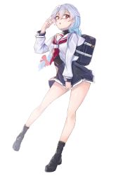 Rule 34 | 1girl, :o, bag, black footwear, black shirt, black socks, blue hair, blue skirt, bow, braid, commentary request, covering privates, covering crotch, fate/grand order, fate (series), full body, glasses, hair between eyes, hair bow, hand up, highres, loafers, long hair, long sleeves, looking at viewer, neckerchief, parted lips, pleated skirt, red-framed eyewear, red bow, red eyes, red neckerchief, sailor collar, school bag, school uniform, serafuku, shirt, shoes, simple background, single braid, skirt, socks, solo, tapioka (oekakitapioka), tomoe gozen (fate), very long hair, white background, white sailor collar, white shirt
