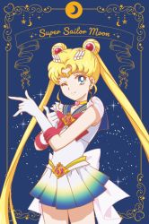 Rule 34 | 1girl, artist request, back bow, bare legs, bishoujo senshi sailor moon, bishoujo senshi sailor moon s, blonde hair, blue background, blue eyes, blue sailor collar, bow, character name, choker, closed mouth, double bun, earrings, elbow gloves, gloves, hair bun, hair ornament, heart, heart choker, heart necklace, jewelry, long hair, looking at viewer, magical girl, miniskirt, multicolored clothes, multicolored skirt, neck, necklace, one eye closed, parted bangs, pleated skirt, red bow, sailor collar, sailor moon, see-through, see-through sleeves, skirt, smile, solo, standing, super sailor moon, tiara, tsuki ni kawatte oshioki yo, tsukino usagi, twintails, very long hair, white bow, white gloves, wink, yellow choker