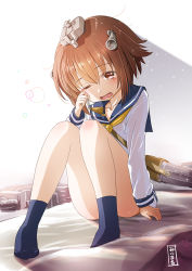 Rule 34 | 10s, 1girl, artist name, brown hair, censored, convenient censoring, convenient leg, dress, drooling, glint, highres, kantai collection, messy hair, minimaru, neckerchief, personification, rubbing eyes, sailor collar, sailor dress, short hair, simple background, sleepy, socks, solo, tears, thighs, waking up, white background, yukikaze (kancolle)