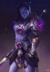 Rule 34 | &gt;:|, 1girl, :|, armor, astri lohne sjursen, belt, belt buckle, black hair, blue eyes, blue skin, buckle, clenched hand, closed mouth, colored skin, cowboy shot, draenei, facial mark, gauntlets, gem, glowing, greaves, highres, holding, holding weapon, horns, jewelry, long hair, looking at viewer, pauldrons, plate armor, polearm, ring, scar, shards, shoulder armor, shoulder pads, solo, spear, standing, tabard, tail, tentacles, v-shaped eyebrows, warcraft, weapon, world of warcraft