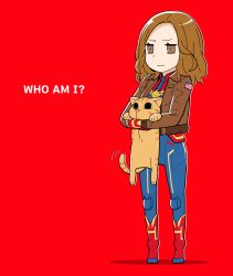 Rule 34 | 1girl, :|, american flag, animal, animification, bodysuit, brown eyes, brown hair, captain marvel, carol danvers, cat, chibi, closed mouth, commentary, english text, expressionless, forehead, full body, goose (marvel), holding, holding animal, holding cat, jacket, looking at viewer, marvel, red background, simple background, superhero costume, tail, tail wagging, yamanami kousuke