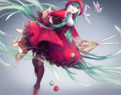 Rule 34 | 1girl, absurdly long hair, apple, bad id, bad pixiv id, basket, bird, boots, corset, cosplay, deer, food, fruit, green hair, hand on own face, hatsune miku, little red riding hood, little red riding hood (grimm), little red riding hood (grimm) (cosplay), long hair, lyodi, open mouth, pantyhose, red eyes, scissors, solo, thighhighs, twintails, very long hair, vocaloid