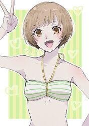 Rule 34 | 1girl, bare arms, bare shoulders, bikini, blush, breasts, brown eyes, brown hair, chako (p4amg1208), collarbone, commentary, green bikini, halterneck, hand up, heart, highres, looking at viewer, open mouth, outside border, persona, persona 4, pink nails, satonaka chie, short hair, small breasts, smile, solo, stomach, striped bikini, striped clothes, swimsuit, twitter username, upper body, v