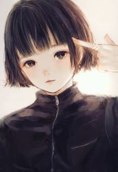 Rule 34 | 1girl, absurdres, black hair, blue eyes, bob cut, collar, earrings, finger to head, highres, jewelry, looking at viewer, orie h, portrait, ring, short hair, simple background, single earring, solo, turtleneck, zipper