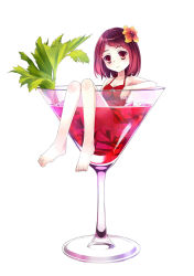 Rule 34 | 1girl, 54hao, bags under eyes, bare arms, bare legs, barefoot, breasts, closed mouth, cocktail, cocktail glass, collarbone, cup, dress, drinking glass, flower, frown, hair flower, hair ornament, halterneck, highres, in container, in cup, legs, looking at viewer, orange flower, original, partially submerged, red dress, red eyes, red hair, short dress, short hair, simple background, sitting, sleeveless, sleeveless dress, small breasts, solo, white background