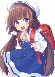 Rule 34 | 10s, 1girl, :d, ahoge, backpack, bag, beret, blue dress, blue eyes, blush, brown hair, commentary request, dress, fingernails, hair ribbon, hat, highres, hinatsuru ai, holding, layered sleeves, long hair, long sleeves, looking at viewer, low twintails, nail polish, okota mikan, open mouth, pink nails, puffy short sleeves, puffy sleeves, randoseru, ribbon, ryuuou no oshigoto!, school uniform, short over long sleeves, short sleeves, simple background, smile, solo, twintails, very long hair, white background, white hat, yellow ribbon