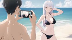 Rule 34 | 1boy, 1girl, ;), back, beach, bikini, black bikini, black hair, breasts, cellphone, cloud, commentary, day, english commentary, grey eyes, grey hair, hand on own hip, holding, holding phone, keihh, large breasts, navel, ocean, one eye closed, original, outdoors, phone, sky, smartphone, smile, smirk, stomach, swimsuit, taking picture