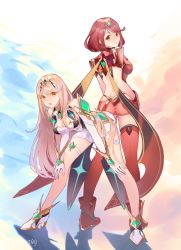 Rule 34 | 2girls, bare legs, bare shoulders, blonde hair, breasts, chest jewel, cleavage, cleavage cutout, clothing cutout, dress, earrings, elbow gloves, gem, gloves, headpiece, highres, jewelry, large breasts, long hair, looking at viewer, mirin., multiple girls, mythra (xenoblade), pyra (xenoblade), red hair, short dress, short hair, simple background, smile, swept bangs, thigh strap, tiara, very long hair, white dress, white footwear, white gloves, xenoblade chronicles (series), xenoblade chronicles 2, yellow eyes