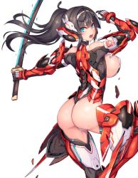 Rule 34 | 1girl, armor, ass, black hair, blue eyes, blush, breasts, headband, headgear, large breasts, long hair, nidy, open mouth, original, outstretched arms, ponytail, revealing clothes, sideboob, simple background, solo, sword, weapon, white background