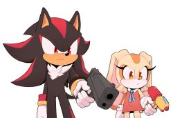 Rule 34 | 1boy, 1girl, aiming, aiming at viewer, animal nose, black fur, blue ribbon, brown eyes, brown fur, closed mouth, collared dress, commentary, cowboy shot, cream the rabbit, dress, english commentary, eyelashes, frown, furry, furry female, furry male, gloves, gun, hand up, handgun, highres, holding, holding gun, holding weapon, looking at viewer, multicolored fur, orange dress, red eyes, red fur, ribbon, serious, shadow the hedgehog, simple background, sleeveless, sleeveless dress, sonic (series), standing, toonsite, v-shaped eyebrows, water gun, weapon, white background, white gloves