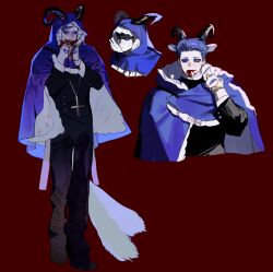 Rule 34 | 1boy, animal ears, black jacket, black pants, blood, blood from mouth, blood on face, cloak, colored sclera, cross, cross necklace, eating, extra eyes, eyeshadow, frilled cloak, full body, goat boy, goat ears, goat horns, hand up, hands up, highres, holding, holding jewelry, holding necklace, hood, hood down, hood up, hooded cloak, horizontal pupils, horns, inverted cross, jacket, jewelry, korean commentary, layered clothes, long sleeves, looking at viewer, makeup, male focus, multiple views, necklace, original, pale skin, pants, purple cloak, purple eyes, purple eyeshadow, purple hair, purple sclera, red background, sasi mozzi1, short hair, simple background, standing, standing on one leg, sweat, tail, upper body, very short hair, walking
