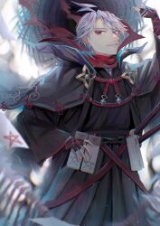 Rule 34 | 1boy, ahoge, black cape, black eyes, black hakama, blurry, blurry background, cape, fate/grand order, fate (series), fingerless gloves, from below, gloves, hair between eyes, hakama, hakama pants, hat, highres, holding, holding clothes, holding hat, ichimichi 111, james moriarty (ruler) (dream portrait) (fate), james moriarty (ruler) (fate), japanese clothes, long sleeves, looking at viewer, male focus, official alternate costume, ofuda, pants, red scarf, scarf, short hair, signature, smile, solo, straw hat, talisman, unworn hat, unworn headwear, white hair