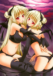 Rule 34 | 2girls, :p, ass, bare shoulders, bat wings, black wings, blonde hair, blush, breasts, cleavage, demon girl, hair ribbon, highres, horns, kiss, large breasts, long hair, looking at viewer, medium breasts, midriff, multiple girls, navel, open mouth, pointy ears, red eyes, ribbon, saliva, sasahiro, scan, short hair, demon girl, tail, thighhighs, tongue, tongue out, wings, yuri