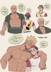 Rule 34 | 2boys, abs, age difference, arm around shoulder, belt, black hair, blonde hair, blush, brown eyes, creatures (company), game freak, hat, height difference, male focus, multiple boys, navel, nintendo, nipples, open clothes, open shirt, pectorals, pokemon, red (pokemon), spiked hair, surge (pokemon), suyohara, sweat, teenage boy, topless male, white background, yaoi