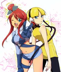Rule 34 | 10s, 2girls, bad id, bad pixiv id, bare shoulders, blonde hair, blue eyes, blunt bangs, blush, breasts, brown hair, cable, creatures (company), elesa (pokemon), female focus, game freak, gloves, gym leader, headphones, hirococo, large breasts, long hair, looking back, midriff, multiple girls, navel, nintendo, one eye closed, open mouth, pantyhose, pokemon, pokemon bw, ponytail, short hair, shorts, skyla (pokemon), v, wink, wire