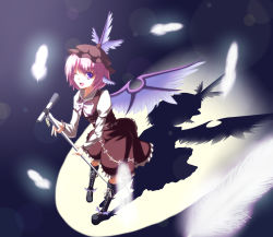 Rule 34 | 1girl, animal ears, boots, feathers, female focus, full body, gradient background, hat, microphone stand, music, mystia lorelei, one eye closed, open mouth, pink hair, purple eyes, ryosios, short hair, singing, solo, touhou, wings, wink