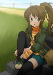 Rule 34 | 1girl, back, bad id, bad pixiv id, black thighhighs, blush, brown eyes, brown hair, female focus, grass, highres, jacket, nature, open mouth, original, outdoors, plant, ponytail, shoe tying, sino0712, sitting, sitting on stairs, sky, solo, stairs, thighhighs, tsunamayo (sino0712)