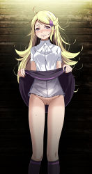 Rule 34 | 1girl, ace trainer (pokemon), against wall, ascot, black skirt, black socks, blonde hair, blush, censored, clenched teeth, clothes lift, creatures (company), dress shirt, frown, game freak, gluteal fold, hair ornament, hairclip, highres, humiliation, kneehighs, lifted by self, long hair, looking at viewer, messy hair, miniskirt, mosaic censoring, nintendo, no panties, pokemon, pokemon xy, presenting, presenting pussy, purple eyes, pussy, scowl, see-through, shirt, short sleeves, skirt, skirt lift, socks, solo, standing, swept bangs, tears, teeth, thigh gap, tsukishiro saika, very long hair, white ascot, white shirt, wooden wall