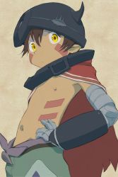 Rule 34 | 1boy, akagi (fmttps), bad id, bad pixiv id, brown hair, cape, closed mouth, dark-skinned male, dark skin, facial mark, helmet, highres, looking at viewer, made in abyss, male focus, mechanical arms, navel, nipples, regu (made in abyss), single mechanical arm, solo, tattoo, topless male, yellow eyes