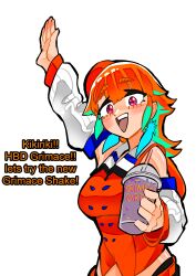 Rule 34 | 1girl, absurdres, beret, commentary, cup, detached sleeves, disposable cup, english commentary, english text, grimace shake (meme), hat, highres, holding, holding cup, hololive, hololive english, koizumi arata, long hair, long sleeves, meme, open mouth, orange hair, pink eyes, simple background, smile, smoothie, solo, takanashi kiara, takanashi kiara (1st costume), talking, virtual youtuber, waving, white background