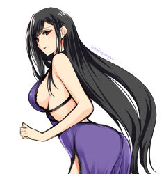 Rule 34 | 1girl, bare shoulders, black hair, breasts, commentary request, dress, final fantasy, final fantasy vii, final fantasy vii remake, from side, highres, large breasts, long hair, looking at viewer, parted lips, purple dress, red eyes, side slit, sideboob, tifa lockhart, tifa lockhart (refined dress), very long hair, yukino amagai