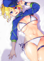 Rule 34 | 1girl, :d, artoria pendragon (fate), baseball cap, bed sheet, bikini, blonde hair, blue background, blue eyes, blue hat, blush, breasts, breasts squeezed together, fate/grand order, fate (series), from above, groin, hair between eyes, hand on headwear, hat, highres, large breasts, long hair, long sleeves, looking at viewer, lying, mysterious heroine x (fate), mysterious heroine xx (fate), navel, on back, onsoku inu, open mouth, ponytail, round teeth, shiny skin, shrug (clothing), side-tie bikini bottom, skindentation, smile, solo, stomach, string bikini, sweatband, swimsuit, teeth, thigh strap, toned, underboob, upper teeth only, white bikini, zipper, zipper pull tab