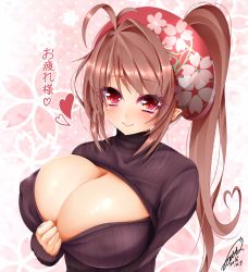 Rule 34 | 1girl, antenna hair, breasts, brown hair, bursting breasts, cleavage, clothes pull, heart, heart hair, highres, huge breasts, jotti, looking at viewer, meme attire, no bra, open-chest sweater, original, pink eyes, pointy ears, ponytail, reimusan (jotti), smile, solo, sweater, sweater pull, translated, upper body