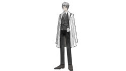 Rule 34 | 1boy, brooch, coat, grey eyes, grey hair, highres, hokma (project moon), jacket, jacket on shoulders, jewelry, library of ruina, long coat, looking to the side, male focus, monocle, necktie, official art, open clothes, open coat, project moon, shirt, simple background, solo
