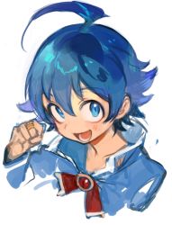 Rule 34 | 1boy, :d, ahoge, artist request, blue eyes, blue hair, happy, jewelry, light blush, looking at viewer, mairimashita! iruma-kun, open mouth, ring, short hair, simple background, sketch, smile, solo, source request, suzuki iruma, white background