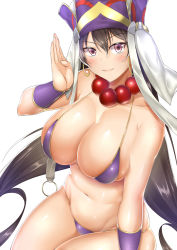 Rule 34 | 1girl, bare shoulders, beads, bikini, black hair, blush, bracer, breasts, cleavage, collarbone, commentary request, earrings, fate/grand order, fate (series), hair between eyes, hat, highres, hoop earrings, jewelry, large breasts, long hair, looking at viewer, navel, prayer beads, purple bikini, purple eyes, saintshiro, shiny skin, simple background, sitting, skindentation, smile, solo, swimsuit, white background, xuangzang sanzang (fate)