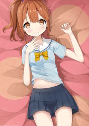 Rule 34 | 10s, 1girl, bed sheet, blue shirt, blue skirt, blush, bow, bowtie, breasts, brown eyes, brown hair, closed mouth, clothes lift, cowboy shot, eromanga sensei, from above, hair between eyes, highres, jinno megumi, lineflo, looking at viewer, midriff, on bed, pleated skirt, ponytail, sailor collar, school uniform, serafuku, shirt, shirt lift, short sleeves, skirt, small breasts, smile, solo, white sailor collar, yellow bow, yellow bowtie