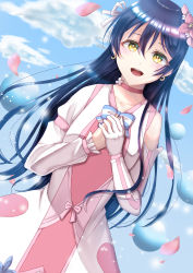 Rule 34 | 1girl, absurdres, artist name, artist request, blue bow, blue hair, blue sky, blush, bokutachi wa hitotsu no hikari, bow, bowtie, breasts, choker, cloud, collarbone, crescent, crescent earrings, day, detached sleeves, dress, earrings, elbow gloves, female focus, flower, flower choker, gloves, hair between eyes, hair flower, hair ornament, hair ribbon, hairband, heart, heart print, highres, jewelry, long hair, long sleeves, looking at viewer, love live!, love live! school idol festival, love live! school idol project, miniskirt, moon earrings, outdoors, own hands together, parted lips, petals, pink choker, pink dress, pink flower, pink hairband, pink petals, plaid, plaid dress, plaid skirt, pleated, pleated dress, pleated skirt, puffy long sleeves, puffy short sleeves, puffy sleeves, ribbon, short dress, short sleeves, single elbow glove, single glove, skirt, sky, smile, solo, sonoda umi, striped, striped bow, very long hair, white dress, white gloves, white hairband, white ribbon, white skirt, yellow eyes