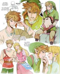 1boy 1girl blonde_hair blue_eyes brown_pants couple dress earrings fingerless_gloves gloves green_hat green_pants green_tunic hat highres holding_hands jewelry korean_text letter link long_hair m_m_pb nintendo pants pink_dress pointy_ears pointy_hat princess_zelda sitting the_legend_of_zelda the_legend_of_zelda:_skyward_sword tunic