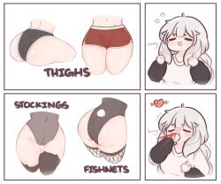 Rule 34 | 1girl, :d, aroused nosebleed, arrow through heart, ass, black leotard, black shirt, black thighhighs, chonkyorca, closed eyes, facing viewer, fishnet thighhighs, fishnets, grey hair, grey leotard, groin, gym shorts, highleg, highleg leotard, layered shirt, legs together, leotard, long hair, long sleeves, lower body, multiple views, navel, open mouth, original, red shorts, shirt, short shorts, short sleeves, shorts, sidelocks, smile, stomach, thick thighs, thighhighs, thighs, thumbs up, white shirt