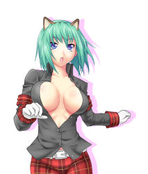 Rule 34 | 1girl, :o, animal ears, armband, belt, blue eyes, blush, body blush, breasts, bursting breasts, buttons, capcom, cat ears, center opening, cleavage, gloves, green hair, hairband, healer u (armor), large breasts, monster hunter (series), no bra, nurse, open clothes, open mouth, open shirt, plaid, shadow, shirt, short hair, simple background, solo, surprised, surume (clavis), surume (pixiv7558), unbuttoned, wardrobe malfunction