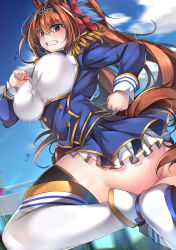 Rule 34 | 1girl, ass, bouncing breasts, breasts, brown eyes, brown hair, clenched teeth, commentary request, daiwa scarlet (umamusume), from behind, highres, horse girl, large breasts, long hair, looking at viewer, looking down, muyoshito, no panties, skirt, solo, teeth, thick thighs, thighs, umamusume, white legwear, yoshito (muyoshito207)