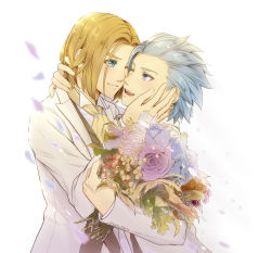 Rule 34 | 2boys, arm around neck, bad id, bad pixiv id, black vest, blue eyes, blue flower, blue hair, blush, bouquet, brown hair, camus (dq11), collared shirt, commentary request, couple, dragon quest, dragon quest xi, earrings, fang, flower, formal, from side, hand on another&#039;s cheek, hand on another&#039;s face, hero (dq11), holding, holding bouquet, holding flower, hug, husband and husband, jacket, jewelry, long sleeves, looking at another, male focus, mondi hl, multiple boys, one eye closed, open mouth, pink flower, rose, shirt, short hair, simple background, smile, spiked hair, suit, teeth, upper body, upper teeth only, vest, white background, white jacket, white shirt, white suit, yaoi, yellow neckwear