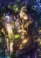 Rule 34 | 1girl, absurdres, blonde hair, branch, colored eyelashes, dress, earrings, elf, fantasy, flower, fountain, frilled sleeves, frills, from side, garuku, gate, hanging plant, hat, highres, holding, jewelry, lantern, leaf, long hair, looking down, original, plant, pointy ears, profile, smile, solo, tree, very long hair, water, watering, watering can, yellow eyes
